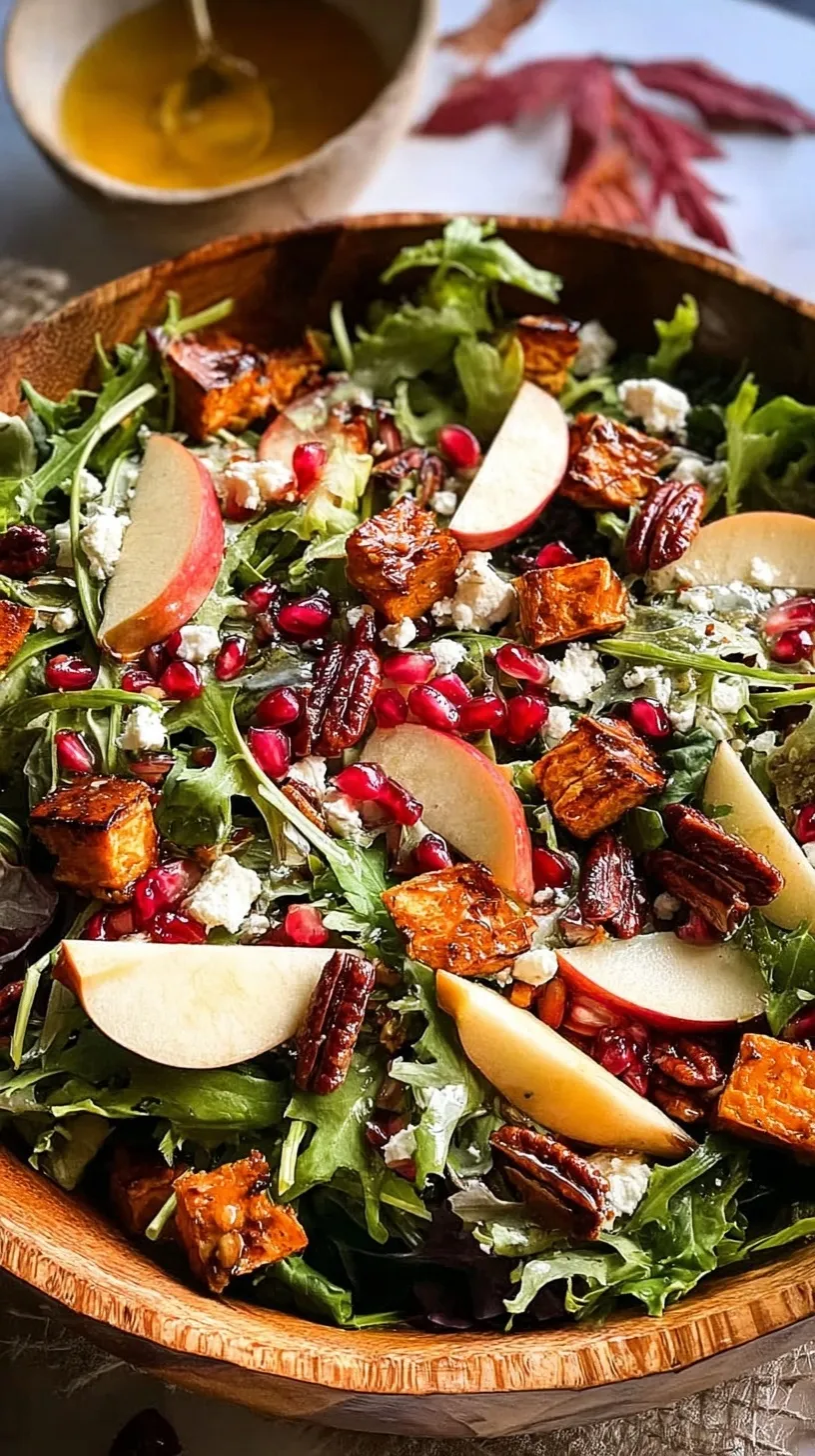 A large bowl of autumn salad with sliced apples, pecans, and feta cheese