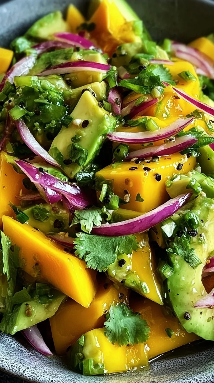 A vibrant bowl of diced mango and avocado with red onion and cilantro in a lime vinaigrette