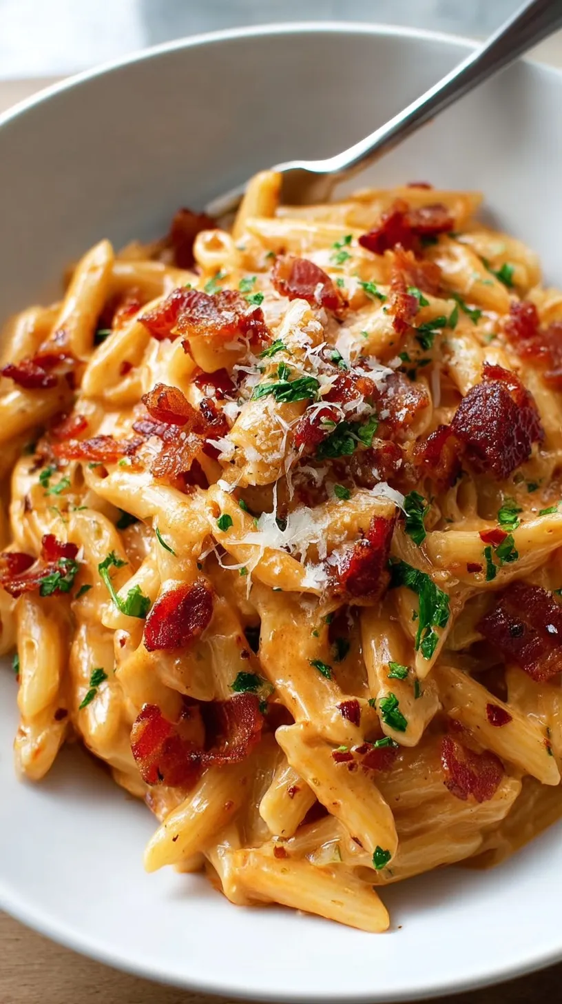 A close up of golden spaghetti with crispy bacon bits, fresh parsley, and grated parmesan cheese in a dark skillet.
