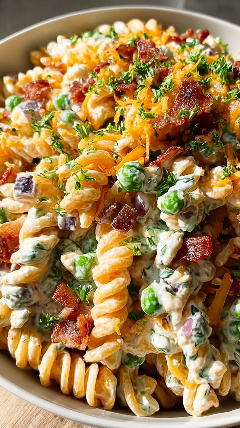 A large bowl of creamy Bacon Ranch Pasta Salad with rotini, peas, and cherry tomatoes