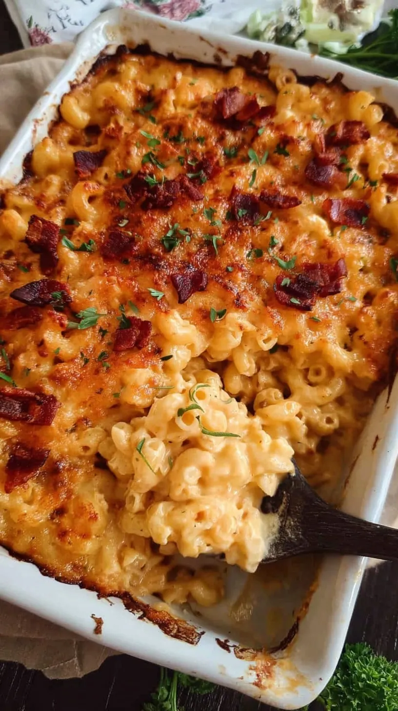 A cast iron skillet filled with creamy smoked mac and cheese topped with crispy bacon bits