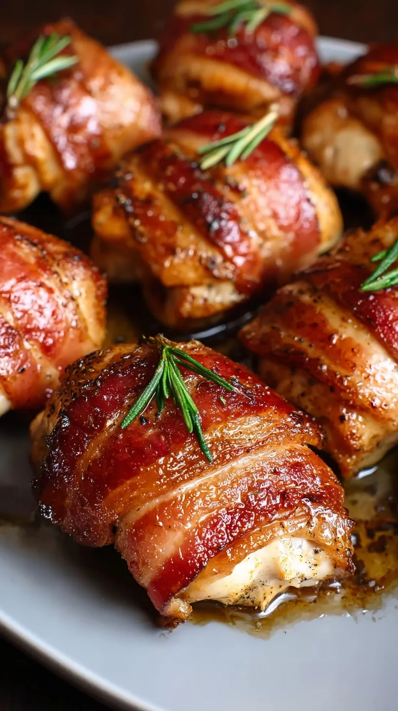 Juicy bacon wrapped chicken breasts on a baking sheet sprinkled with brown sugar.