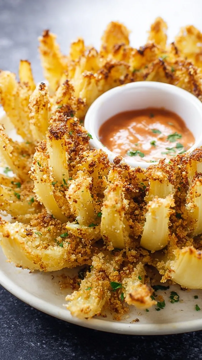 A golden brown baked blooming onion on a baking sheet with dipping sauce