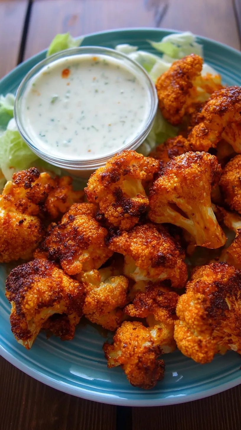 A platter of crispy orange-coated buffalo cauliflower wings with celery and ranch dip.