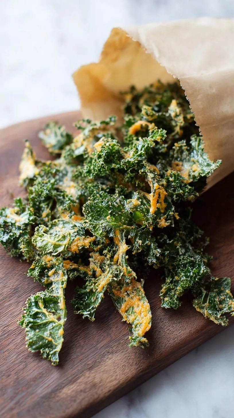A tray of crispy green kale chips topped with melted golden cheddar cheese.