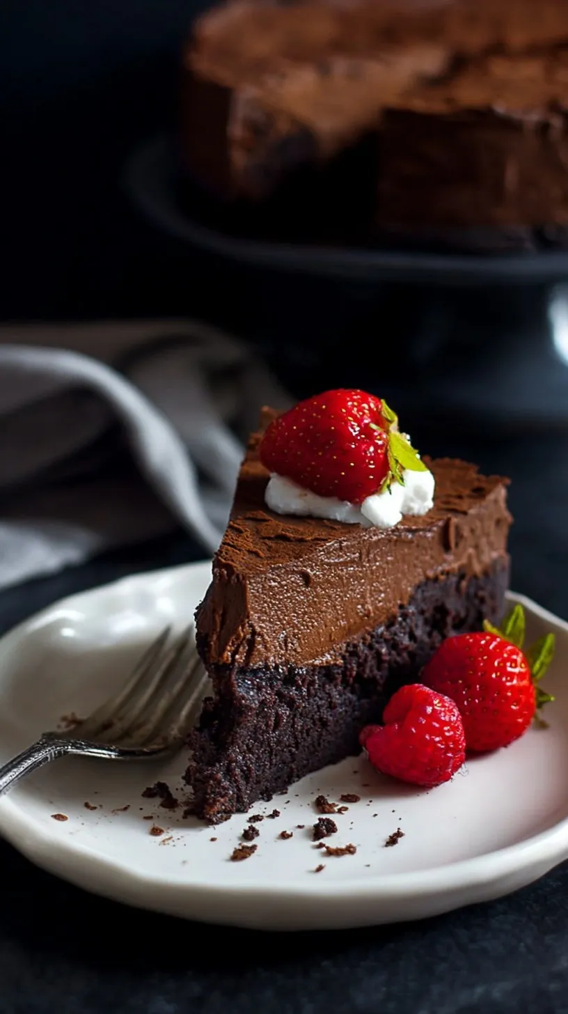 A rich and velvety baked chocolate mousse cake dusted with cocoa powder on a serving plate.