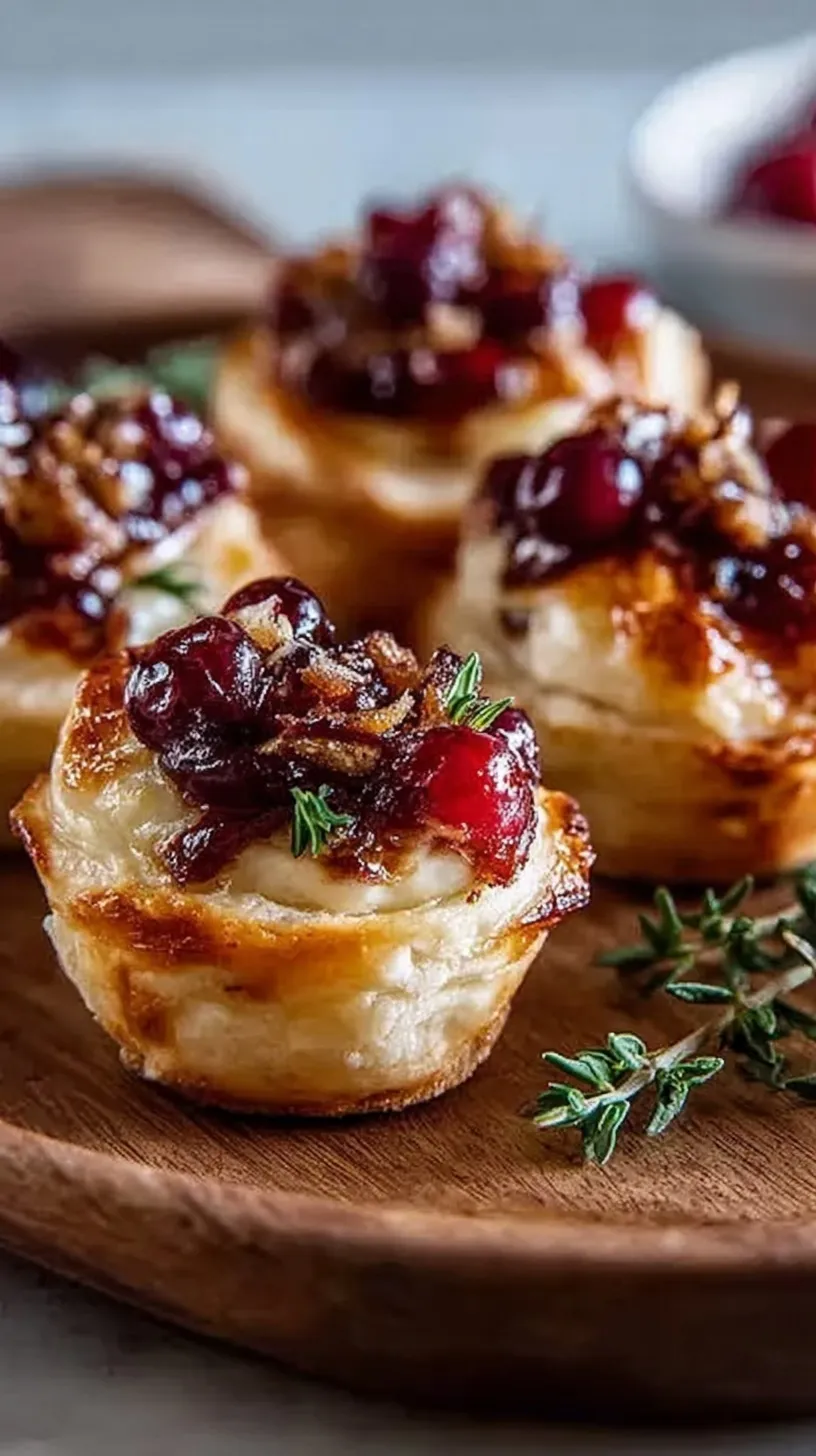 Golden baked cranberry brie bites in a mini muffin tin with fresh rosemary and pecans.