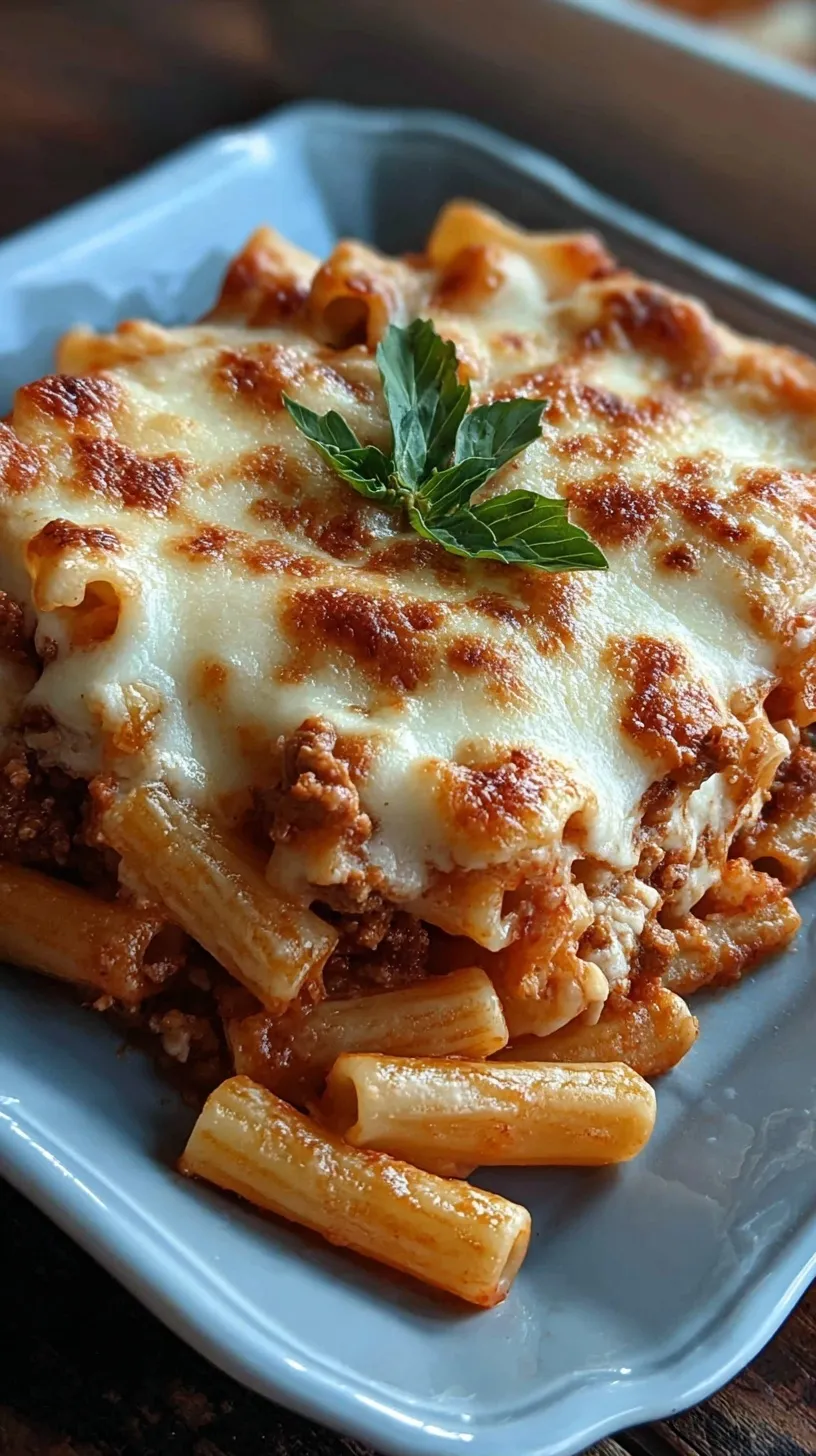 A golden brown Baked Ziti Delight in a ceramic dish with bubbling cheese and fresh parsley garnish