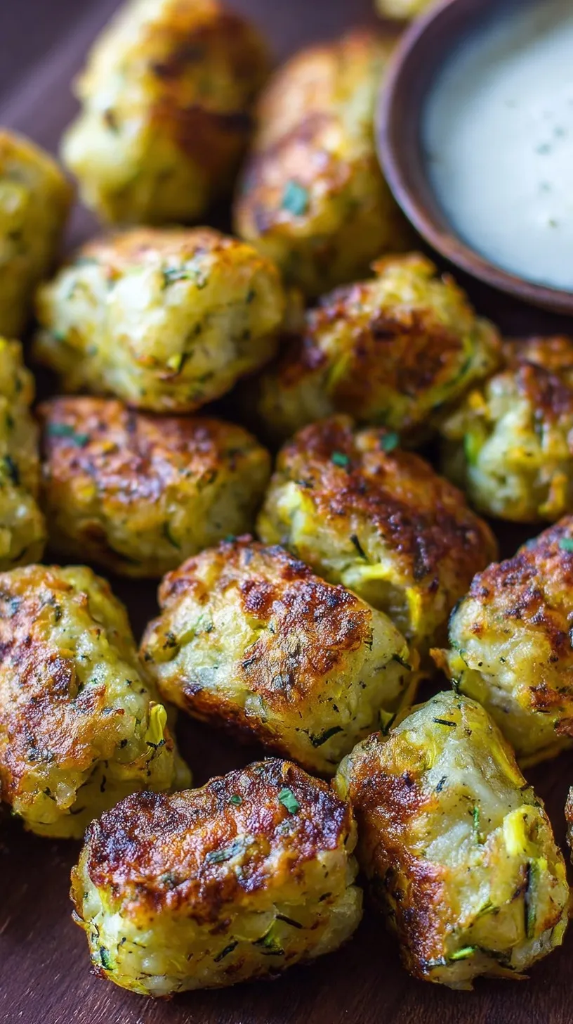 Golden brown baked zucchini potato tots arranged on a baking sheet