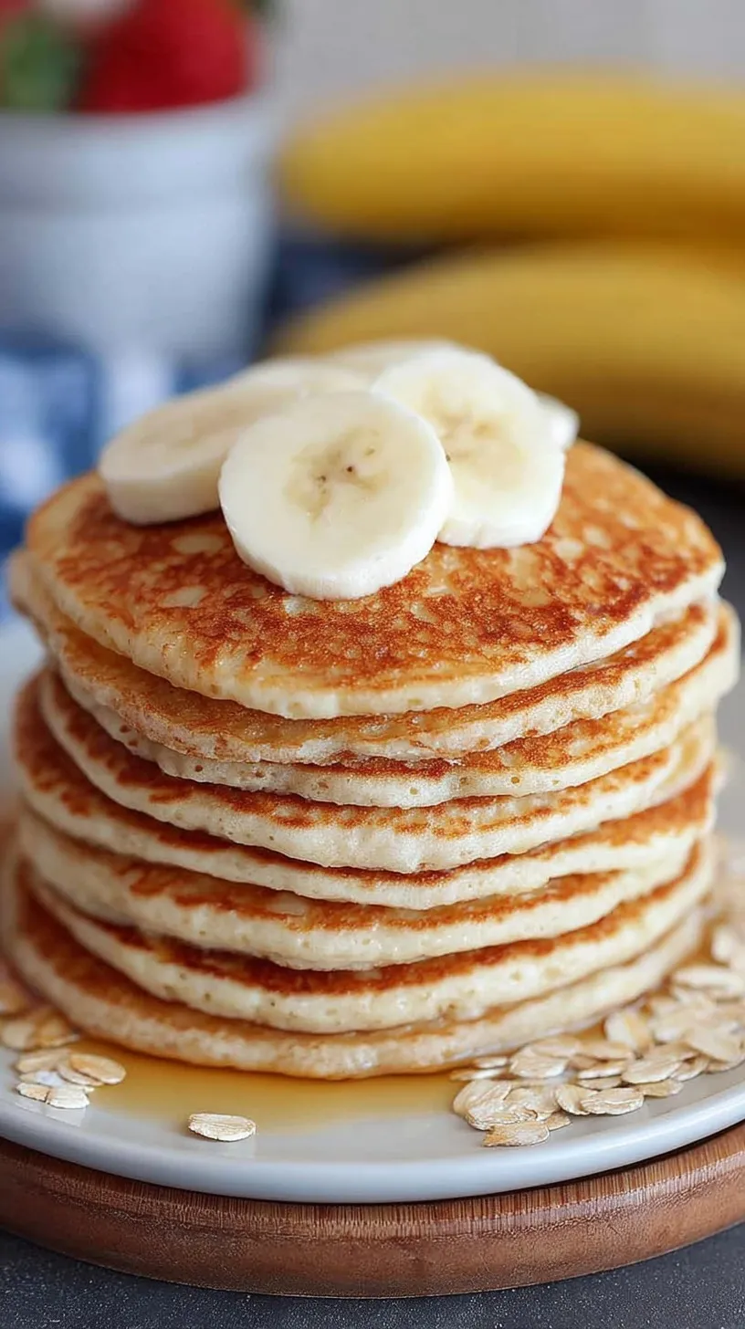 A stack of golden brown banana cottage cheese pancakes topped with fresh banana slices and a drizzle of maple syrup