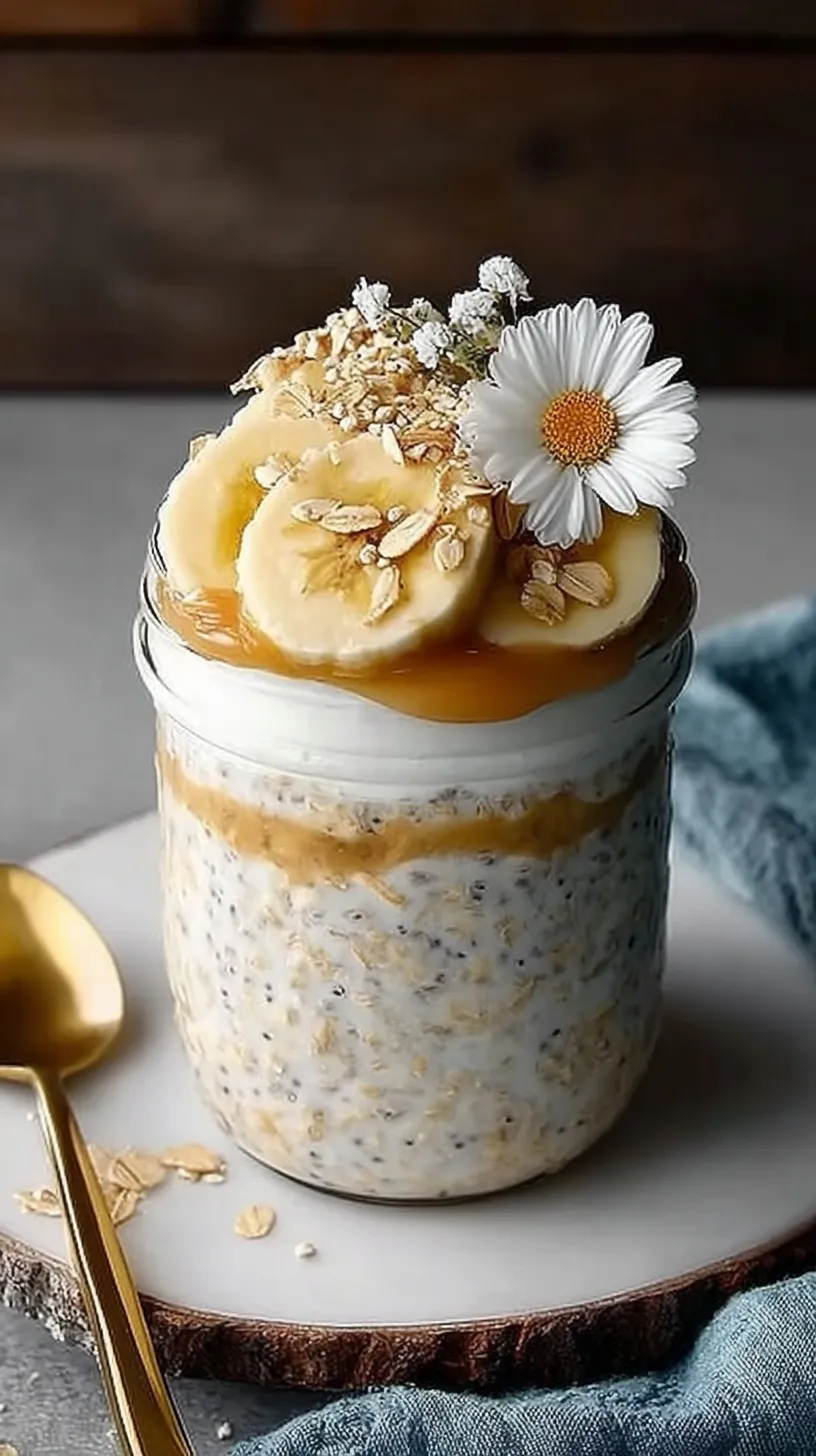 A glass jar filled with creamy banana cream pie overnight oats topped with banana slices and crushed cookies.