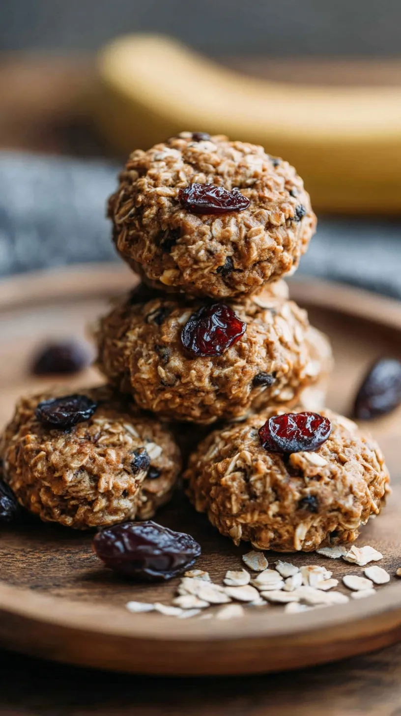 Golden brown banana oatmeal high protein breakfast cookies with dark chocolate chips on a baking sheet.