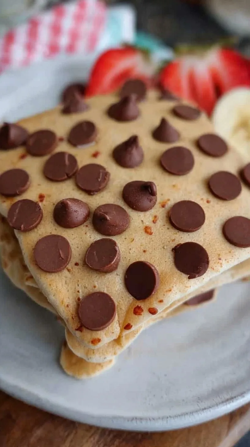 A stack of golden brown banana protein pancakes topped with fresh berries and a drizzle of syrup on a white plate.