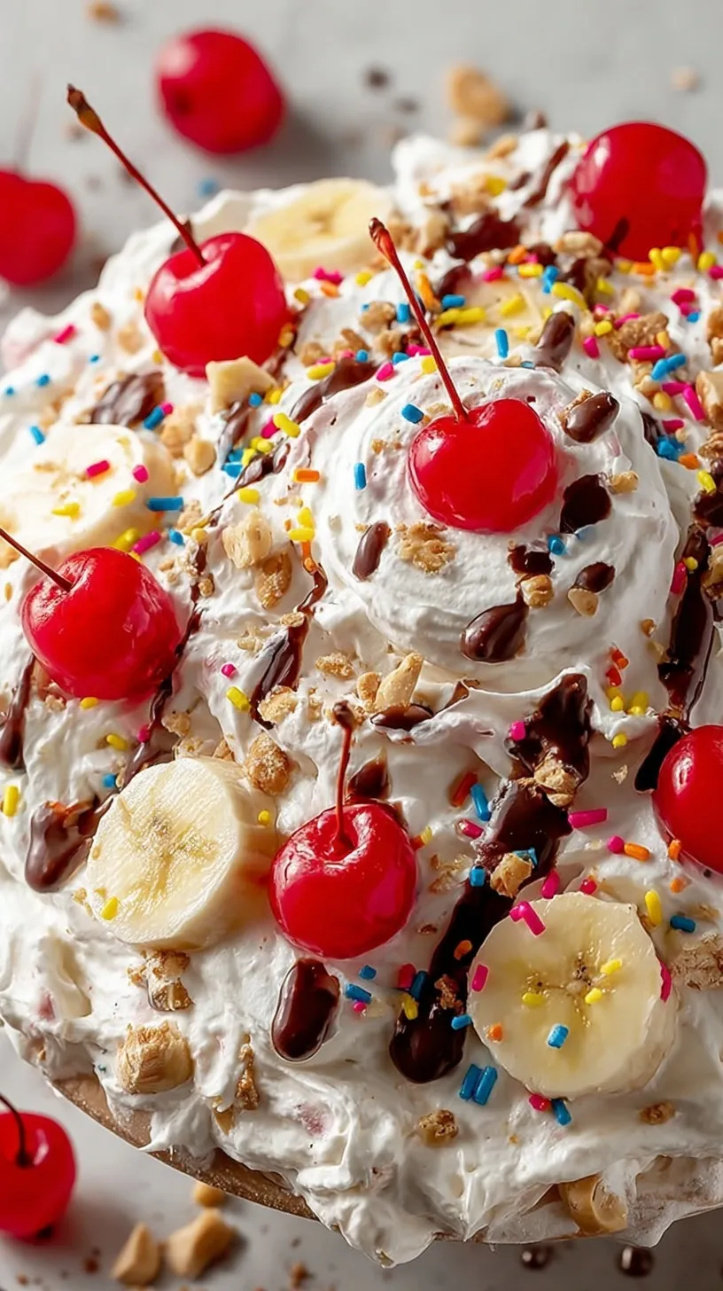 A colorful bowl of Banana Split Fluff Salad topped with chocolate chips and walnuts
