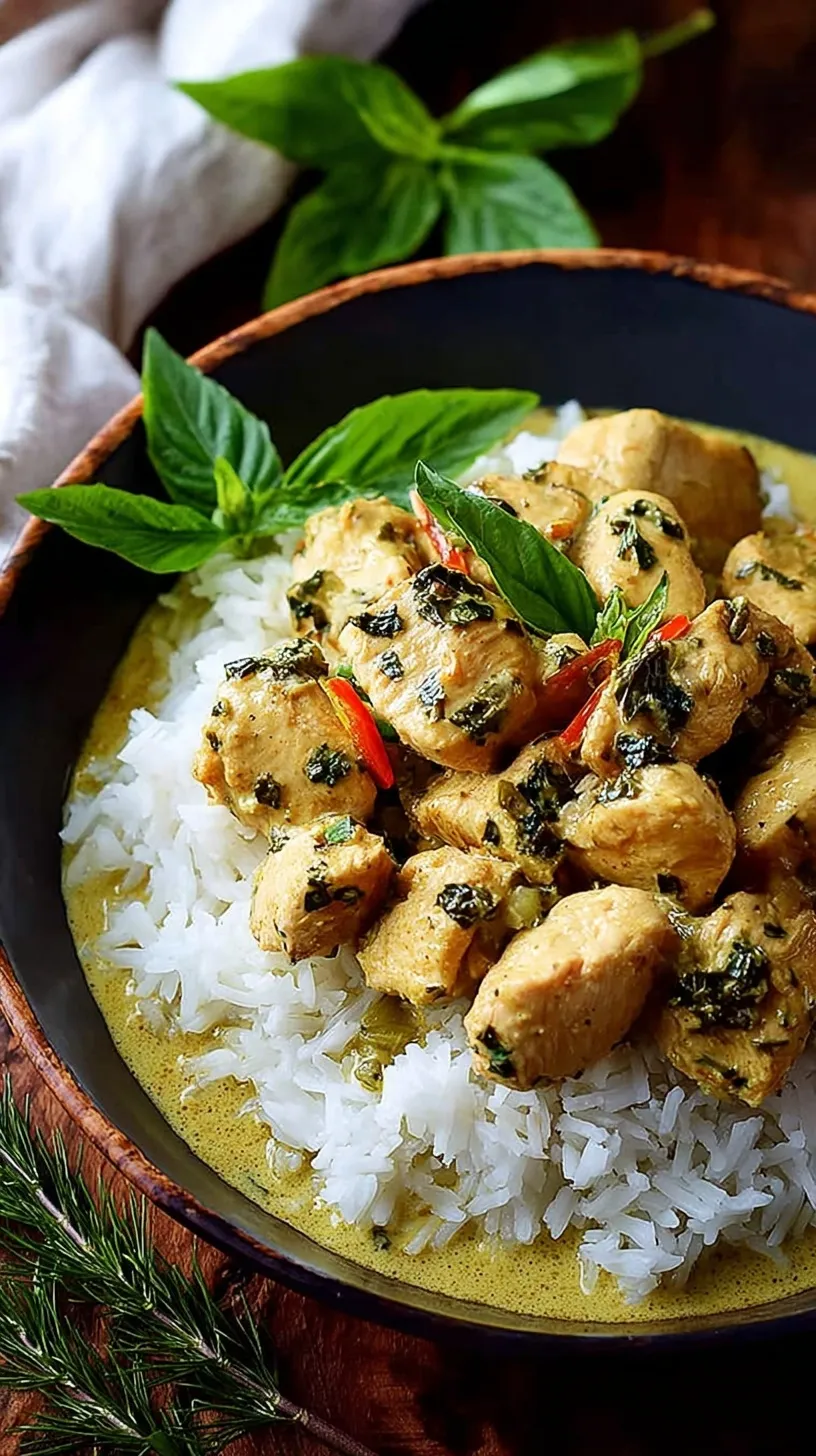 A bowl of creamy red curry with chicken, bell peppers, and fresh basil over rice.