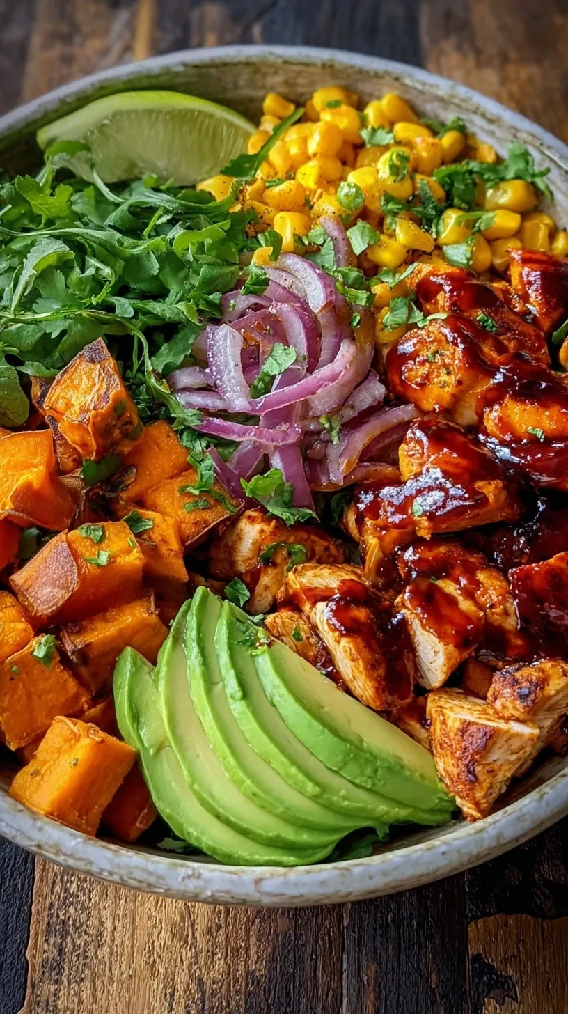 A colorful meal prep container filled with roasted sweet potatoes, BBQ chicken, black beans, and corn.