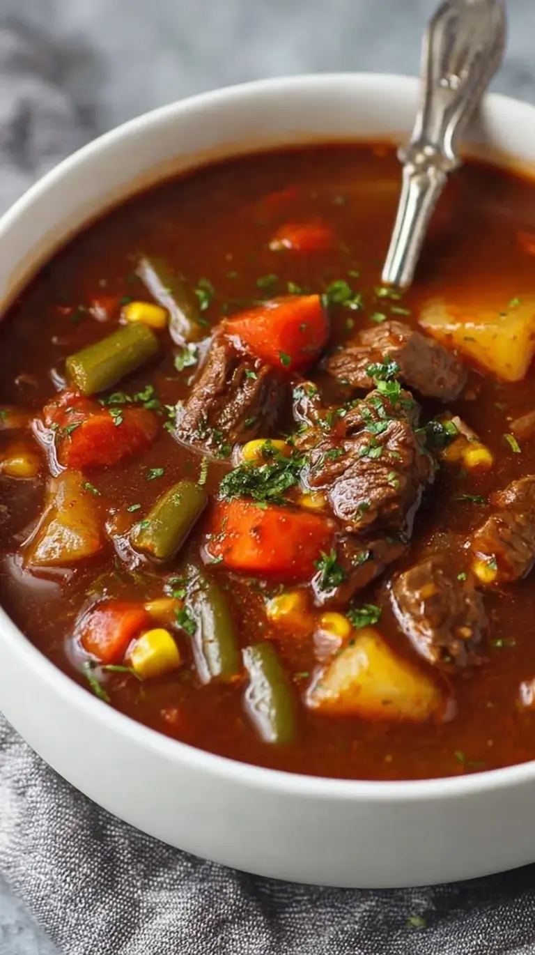 A steaming bowl of hearty beef vegetable soup with tender beef chunks and colorful carrots