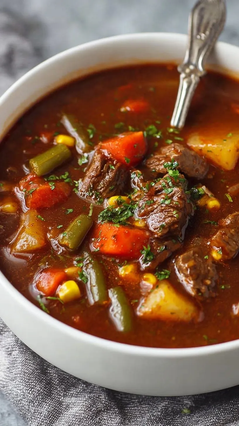 A steaming bowl of hearty beef vegetable soup with tender beef chunks and colorful carrots