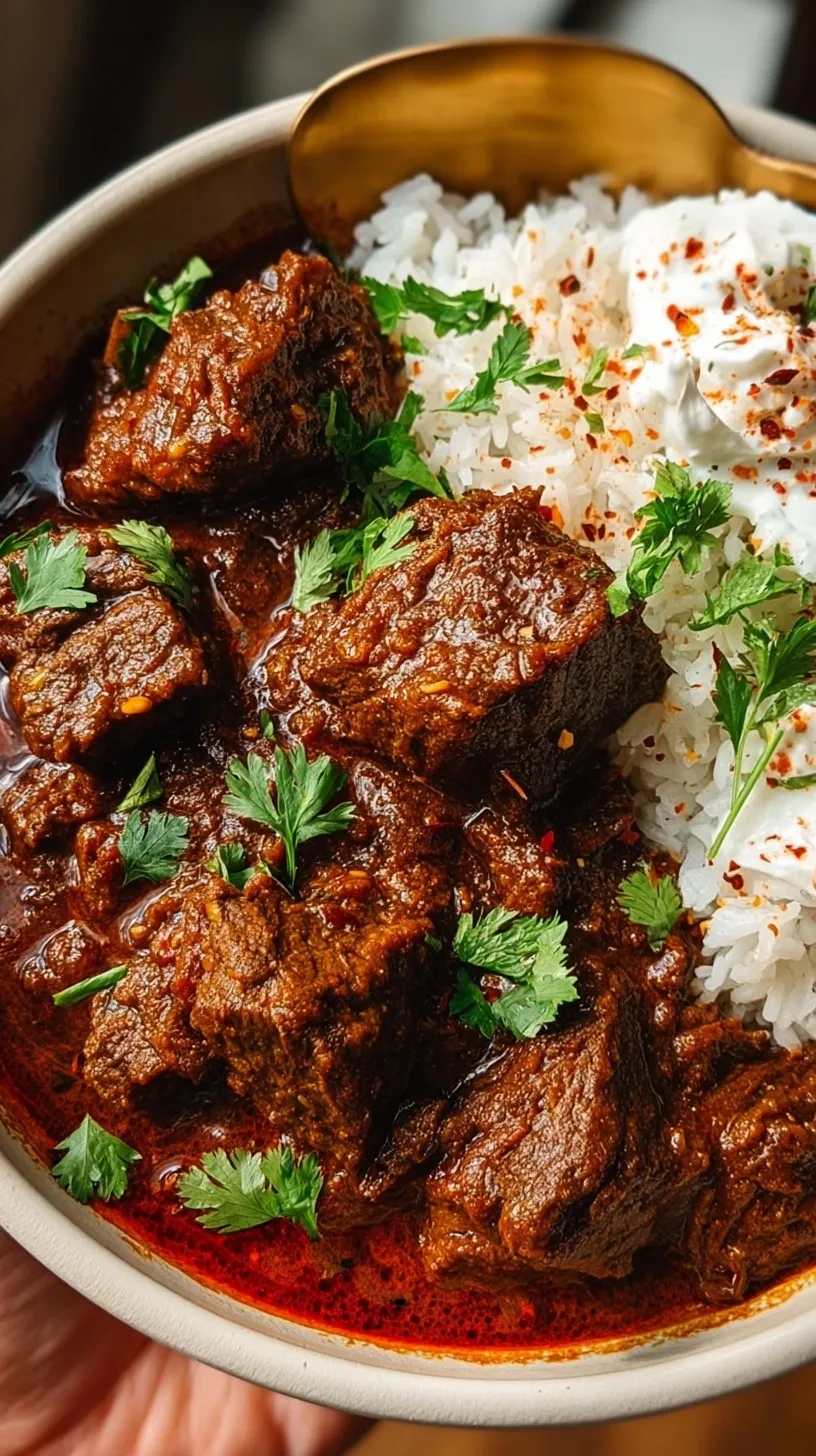 A pot of tender beef vindaloo curry with rich red sauce and fresh herbs