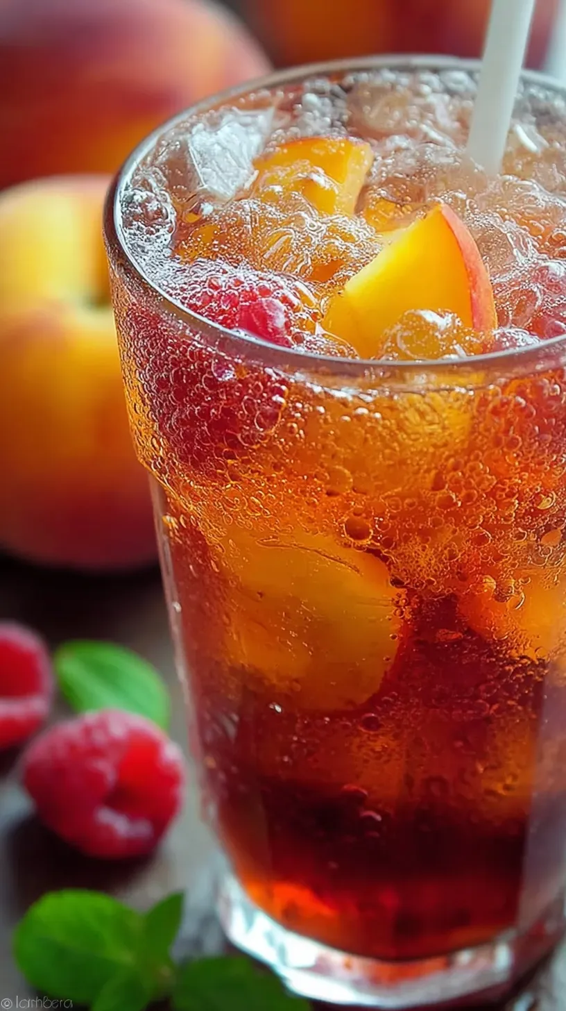 A tall glass of peach raspberry iced tea with fresh mint and ice cubes