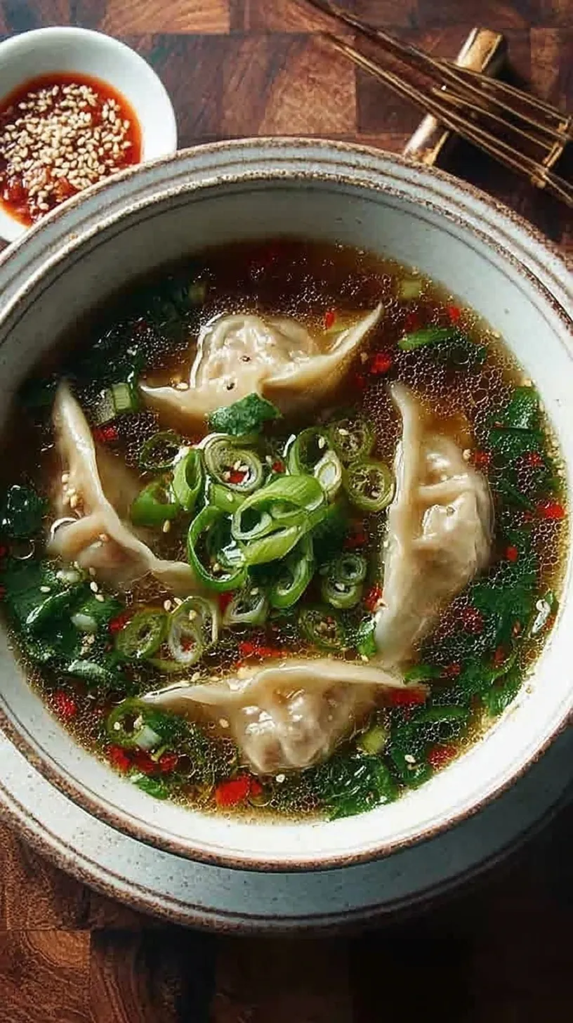 A steaming bowl of Asian potsticker soup with green onions and spinach