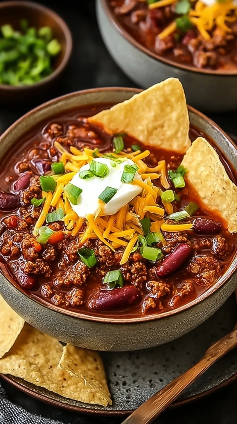 A steaming bowl of thick beef chili topped with shredded cheese and sour cream in a rustic Dutch oven.
