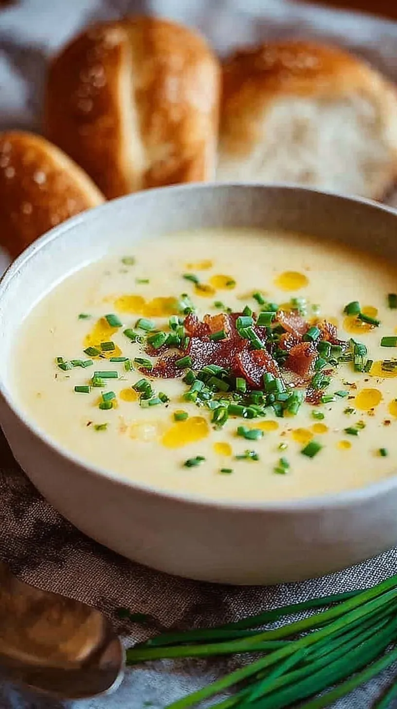 A bowl of creamy potato soup topped with melted cheese, crispy bacon, and fresh chives.