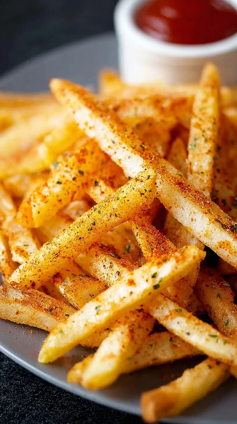 A glass jar filled with a vibrant red and orange French fry seasoning blend next to a bowl of crispy golden fries.