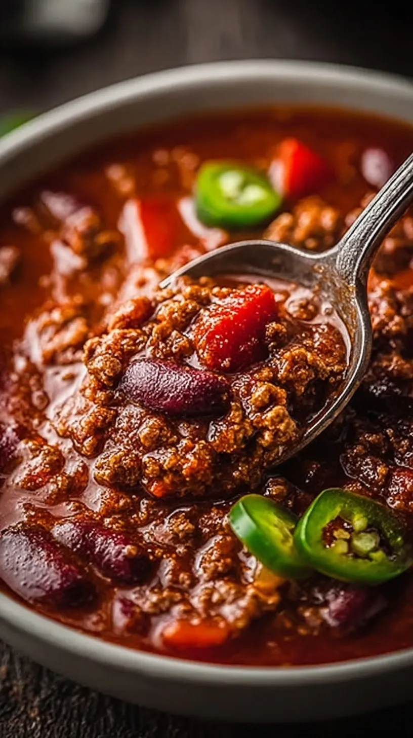 A steaming bowl of thick beef chili topped with shredded cheese and green onions