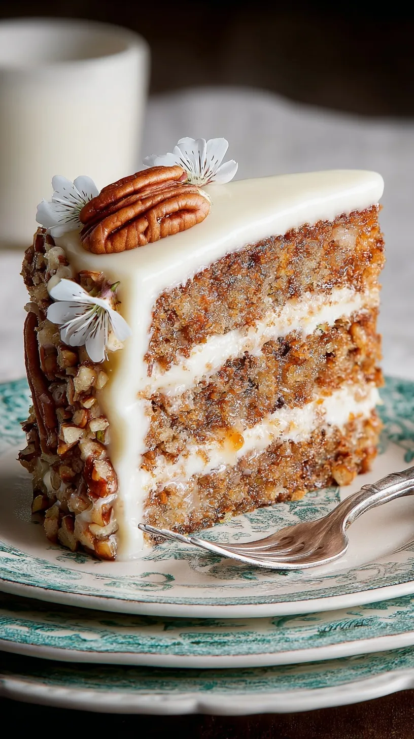 A three-layer hummingbird cake with cream cheese frosting and toasted pecans on a white cake stand.