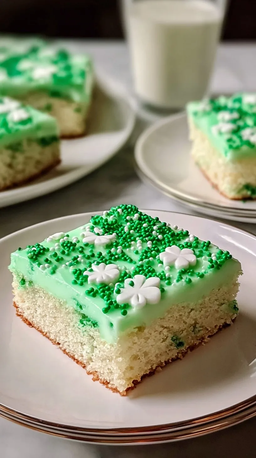 Thick sugar cookie bars with bright green frosting and shamrock sprinkles on a white platter