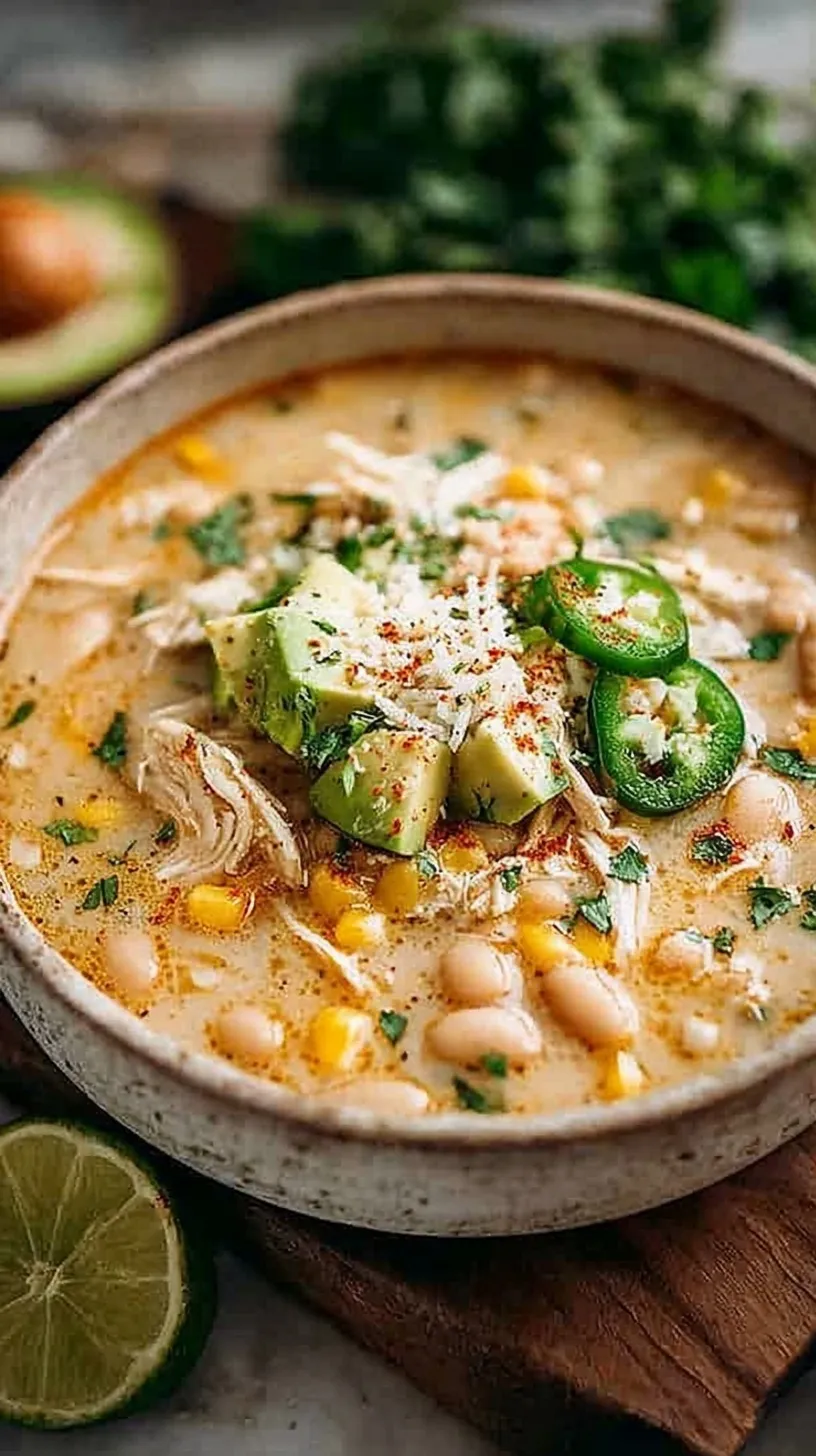 A bowl of creamy white chicken chili topped with fresh cilantro and lime