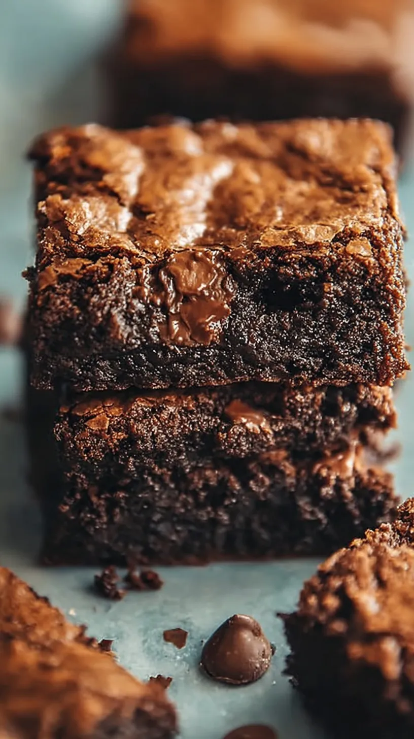 A stack of rich fudgy brownies with a crackly top on a white plate