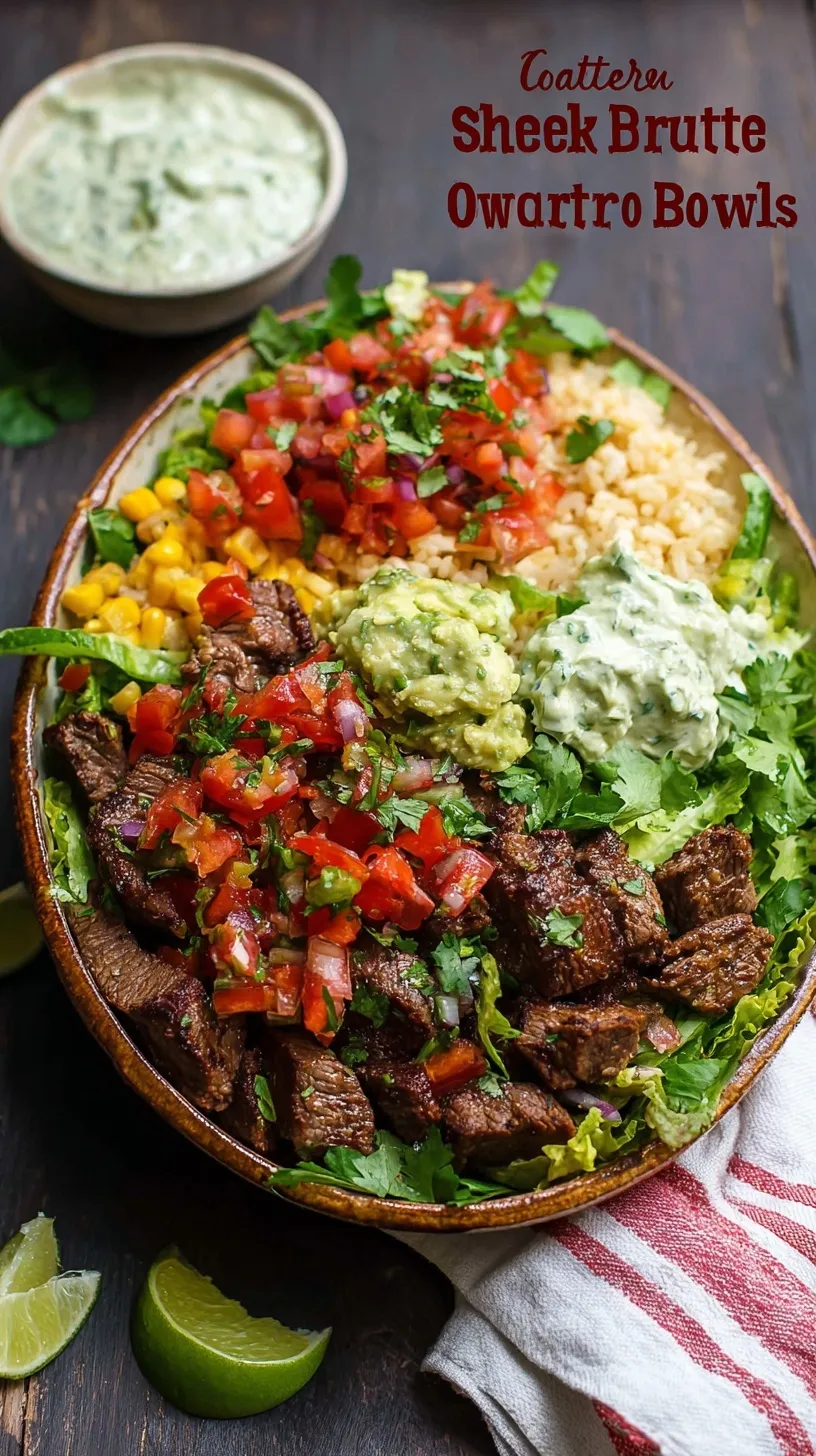 A vibrant steak burrito bowl with cilantro lime rice, black beans, corn, and sliced avocado.