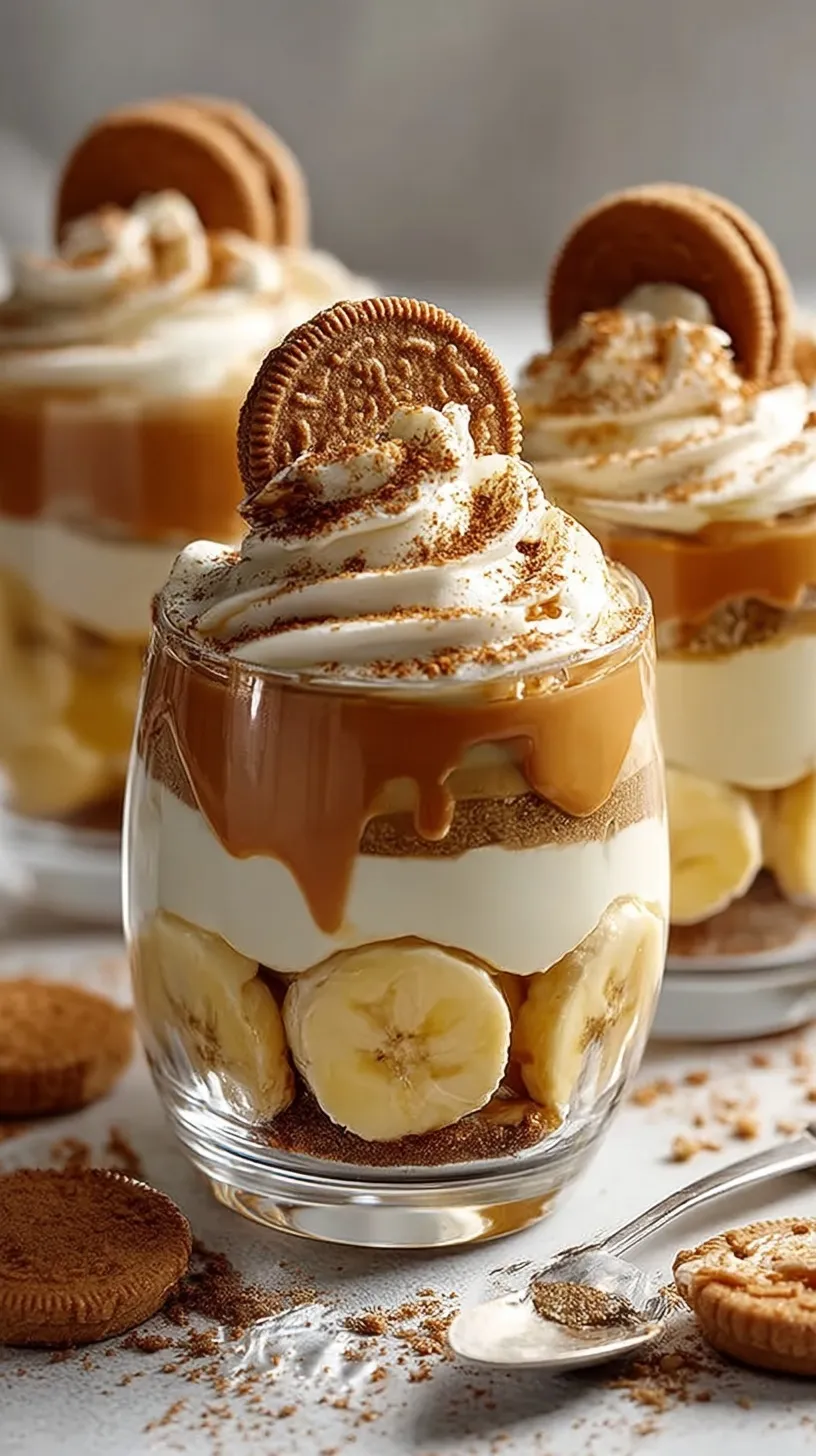 A glass trifle bowl filled with layers of Biscoff cookies, sliced bananas, creamy custard, and whipped cream.