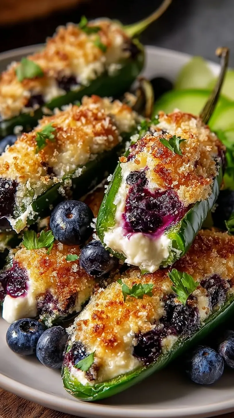 Golden baked jalapeño poppers filled with melted brie cheese and fresh blueberries on a baking sheet.