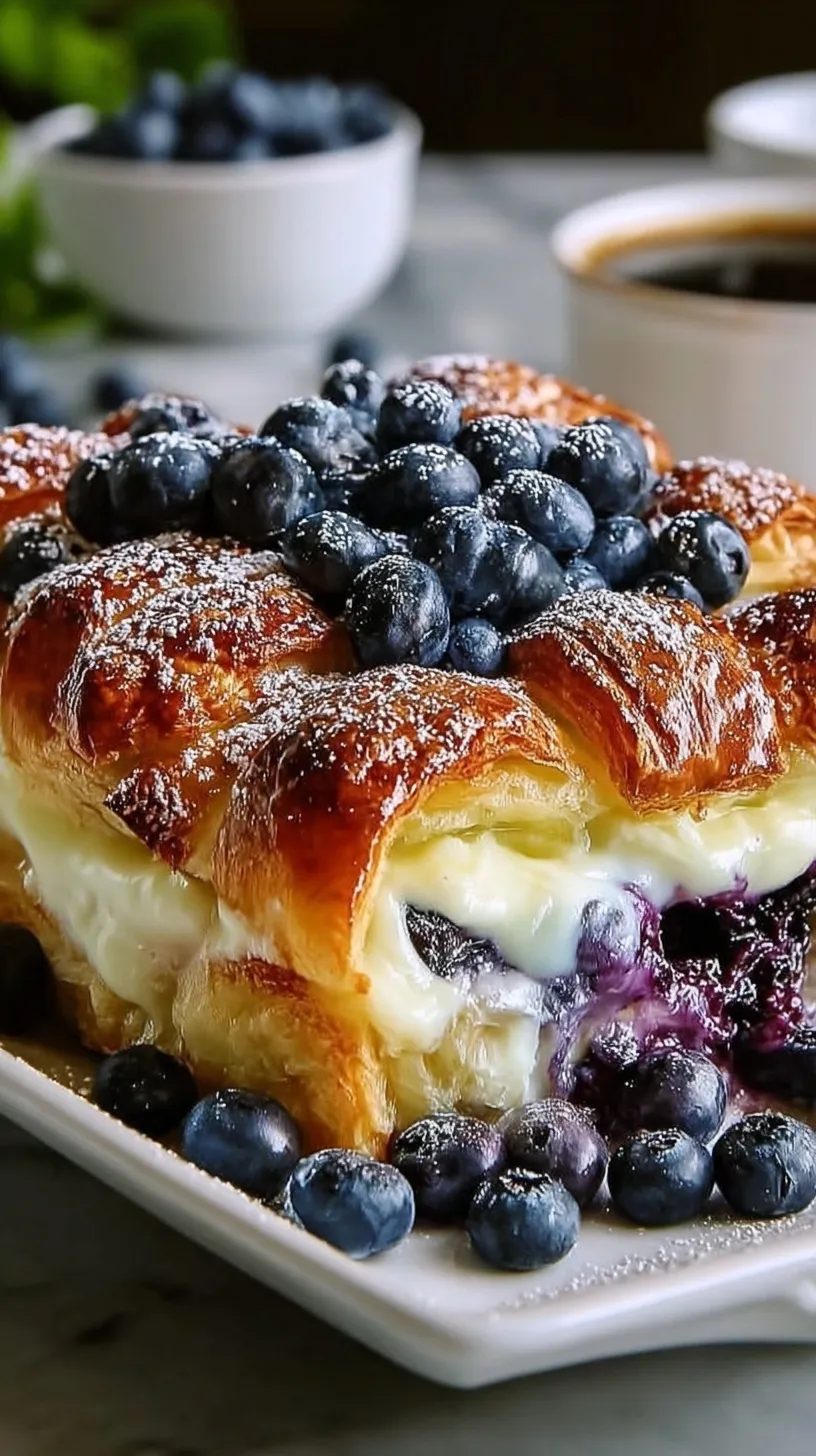 Golden baked croissant casserole with fresh blueberries and a dusting of powdered sugar in a white baking dish.