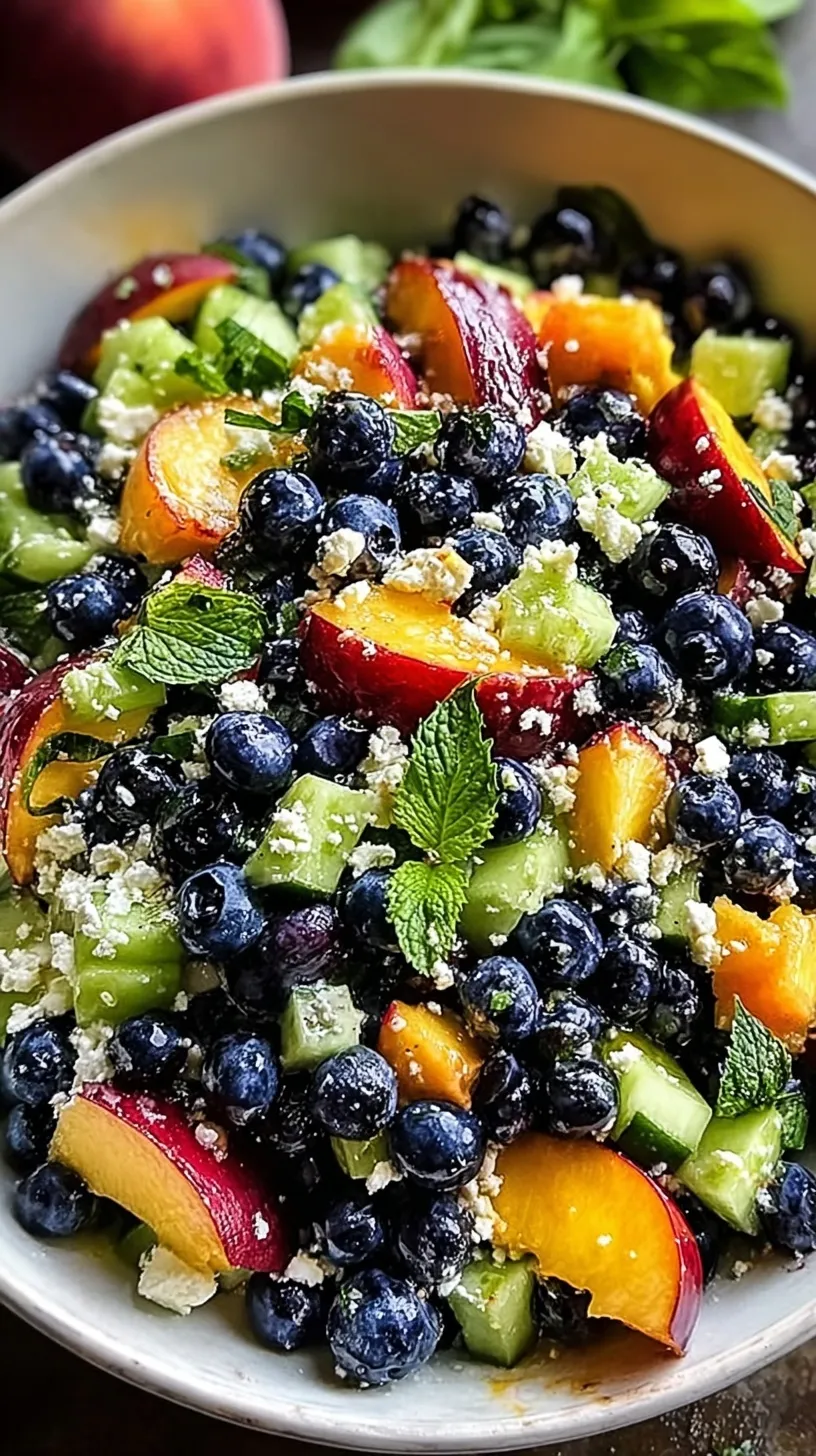 A vibrant summer salad with sliced peaches, fresh blueberries, and crumbled feta cheese on a bed of green arugula.