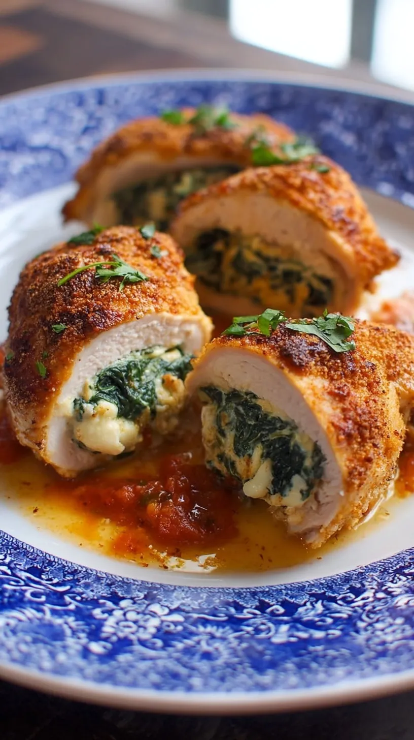 Golden brown breaded chicken breast sliced to reveal melty cheese and green spinach filling