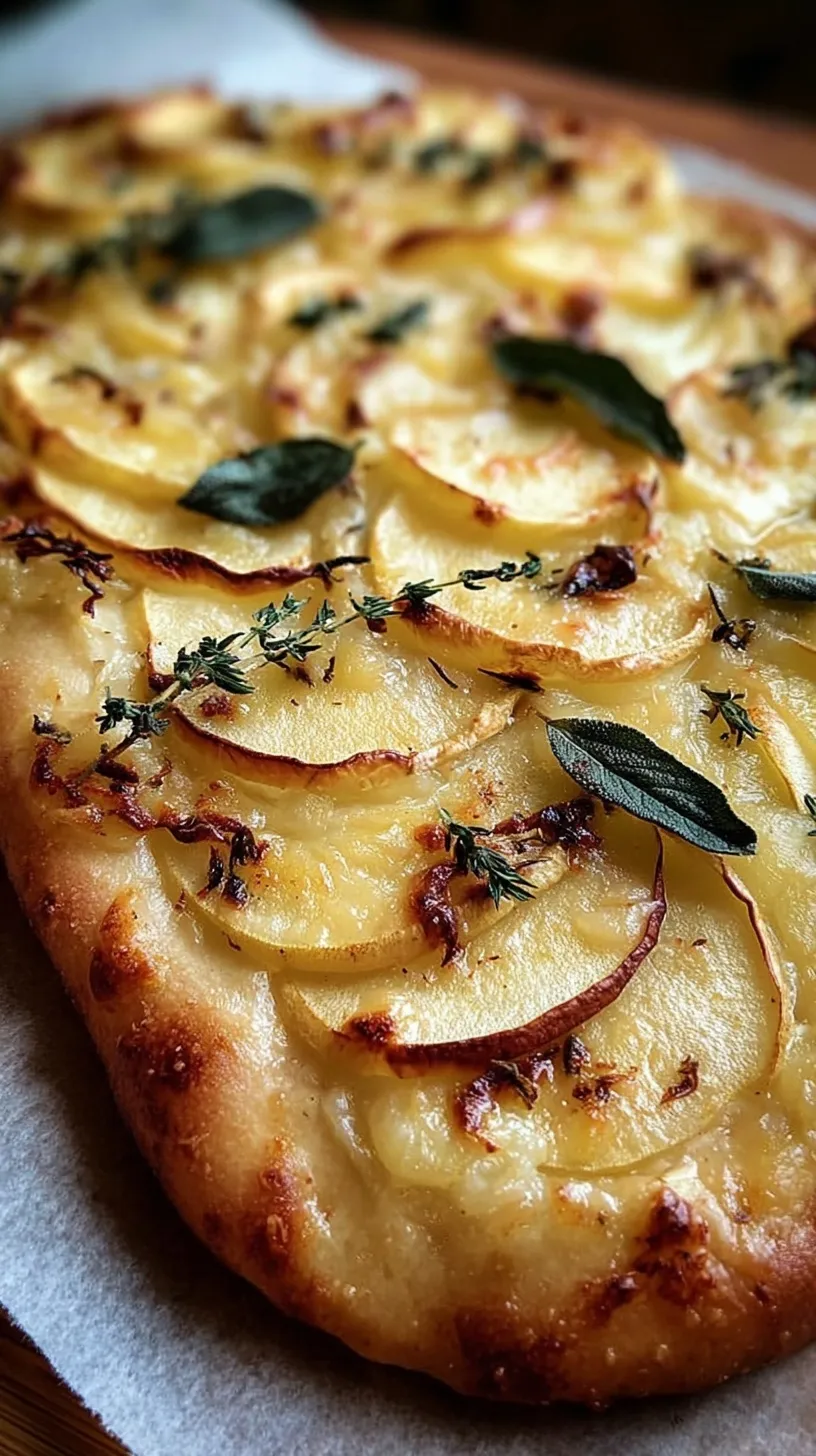 A golden brown Brie and Apple Flatbread topped with melted cheese, sliced apples, and fresh thyme on a wooden board.