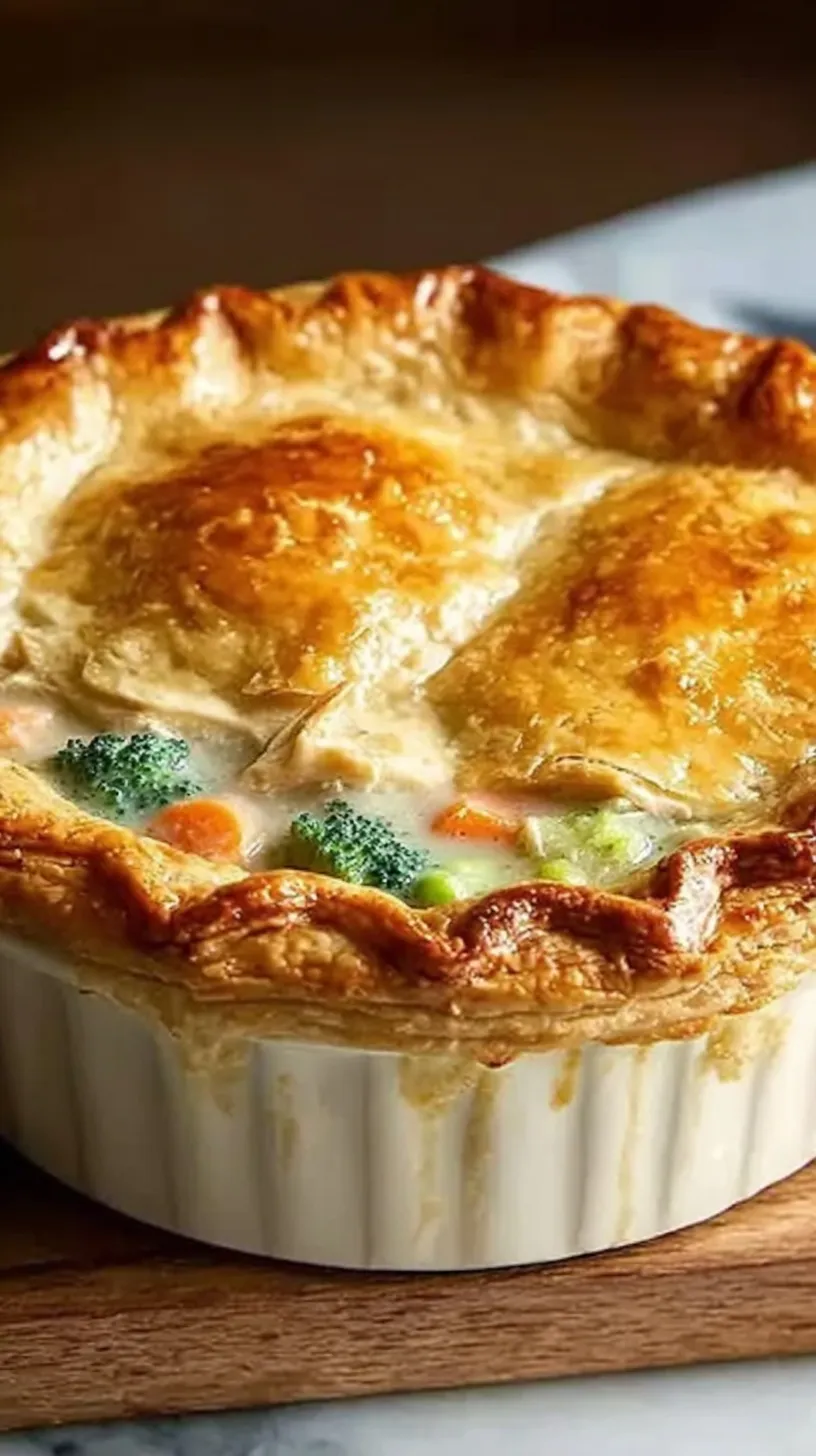 A golden brown Broccoli Cheddar Chicken Pot Pie sliced to show creamy filling and tender broccoli.