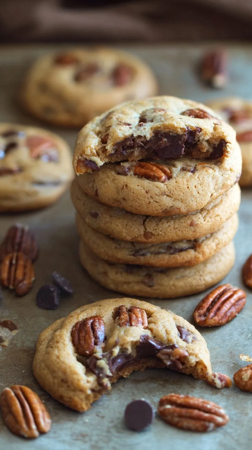 A stack of golden brown butter pecan chocolate chip cookies with melted chocolate and toasted nuts.