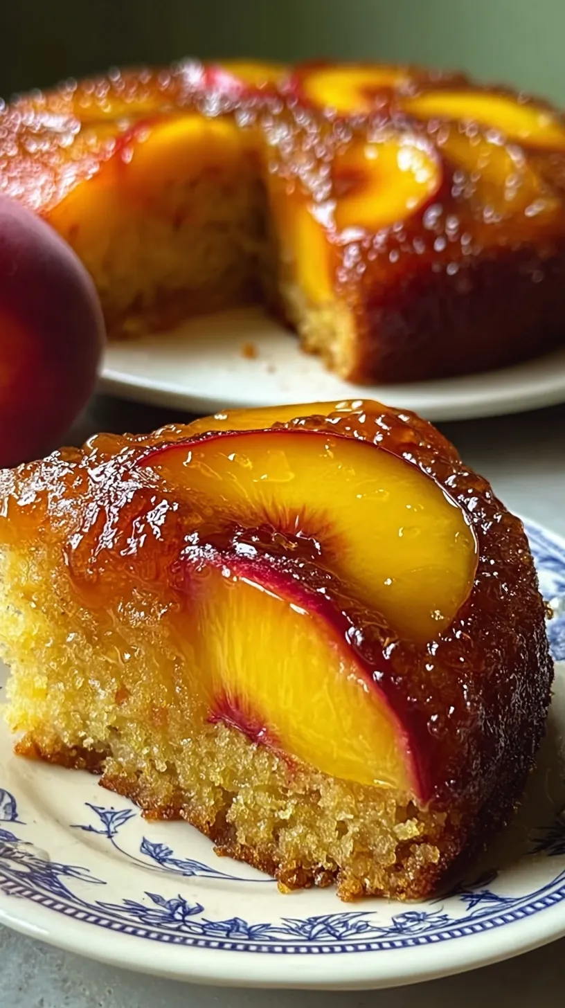 A golden brown peach cake topped with sliced fruit and a dusting of cinnamon in a round pan.