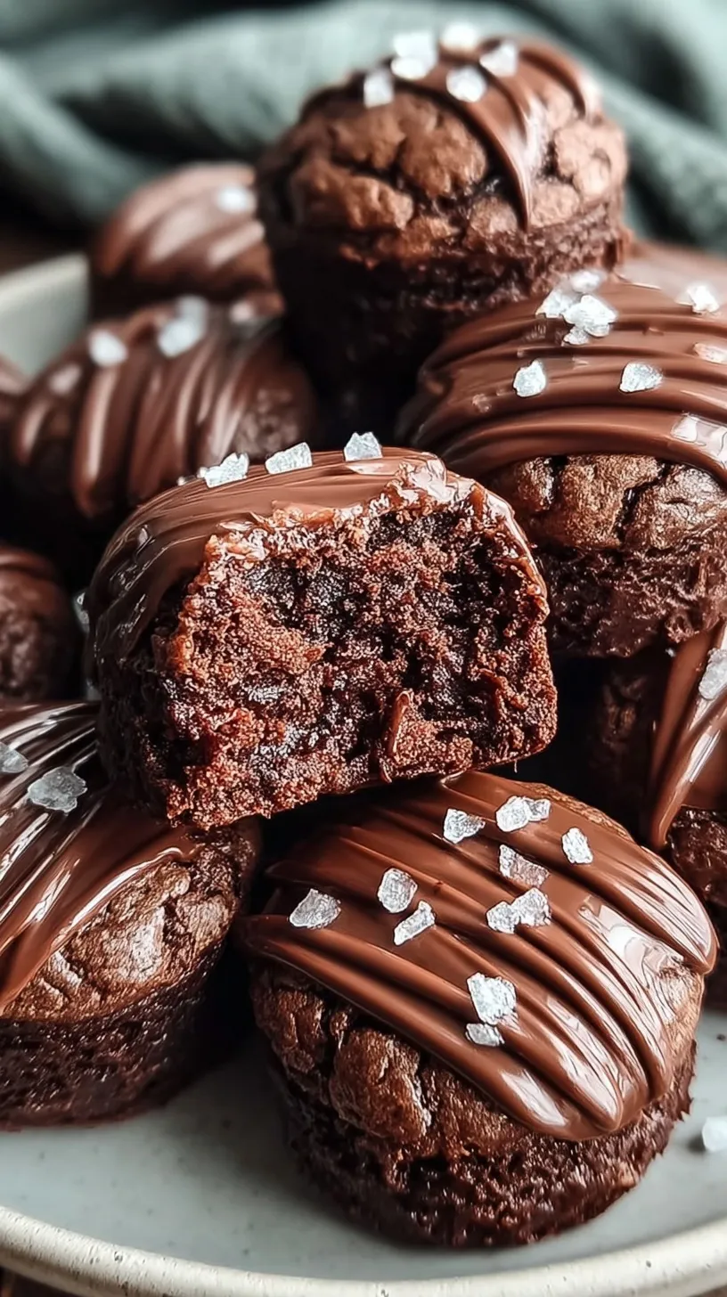 Bite-sized chocolate brownie squares with a glossy ganache and white chocolate drizzle.