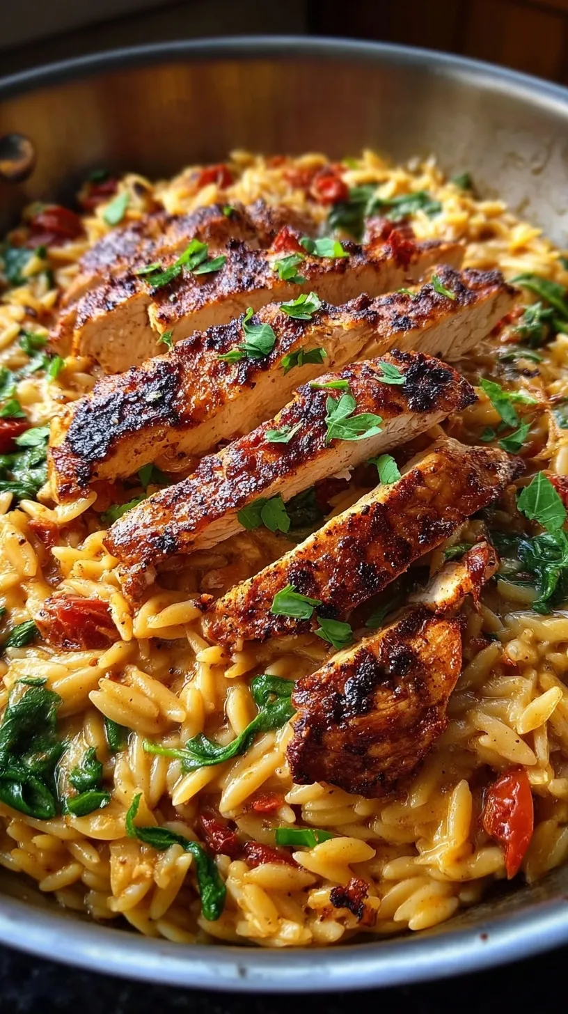 A skillet filled with creamy Cajun Chicken Orzo, topped with blackened chicken and fresh parsley.