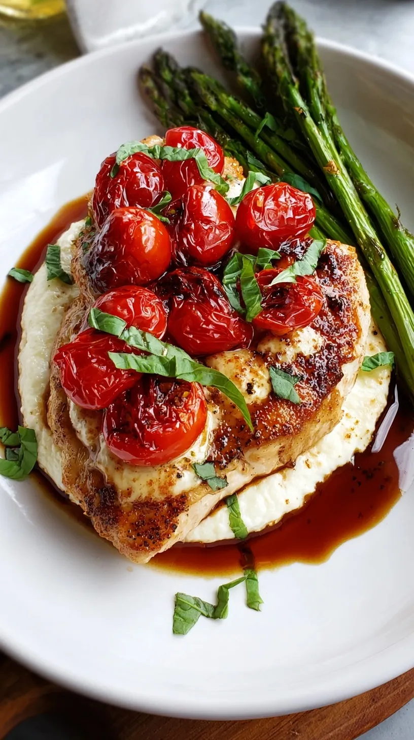 Pan-seared chicken breasts topped with melted mozzarella, sliced tomatoes, fresh basil, and balsamic glaze in a skillet.