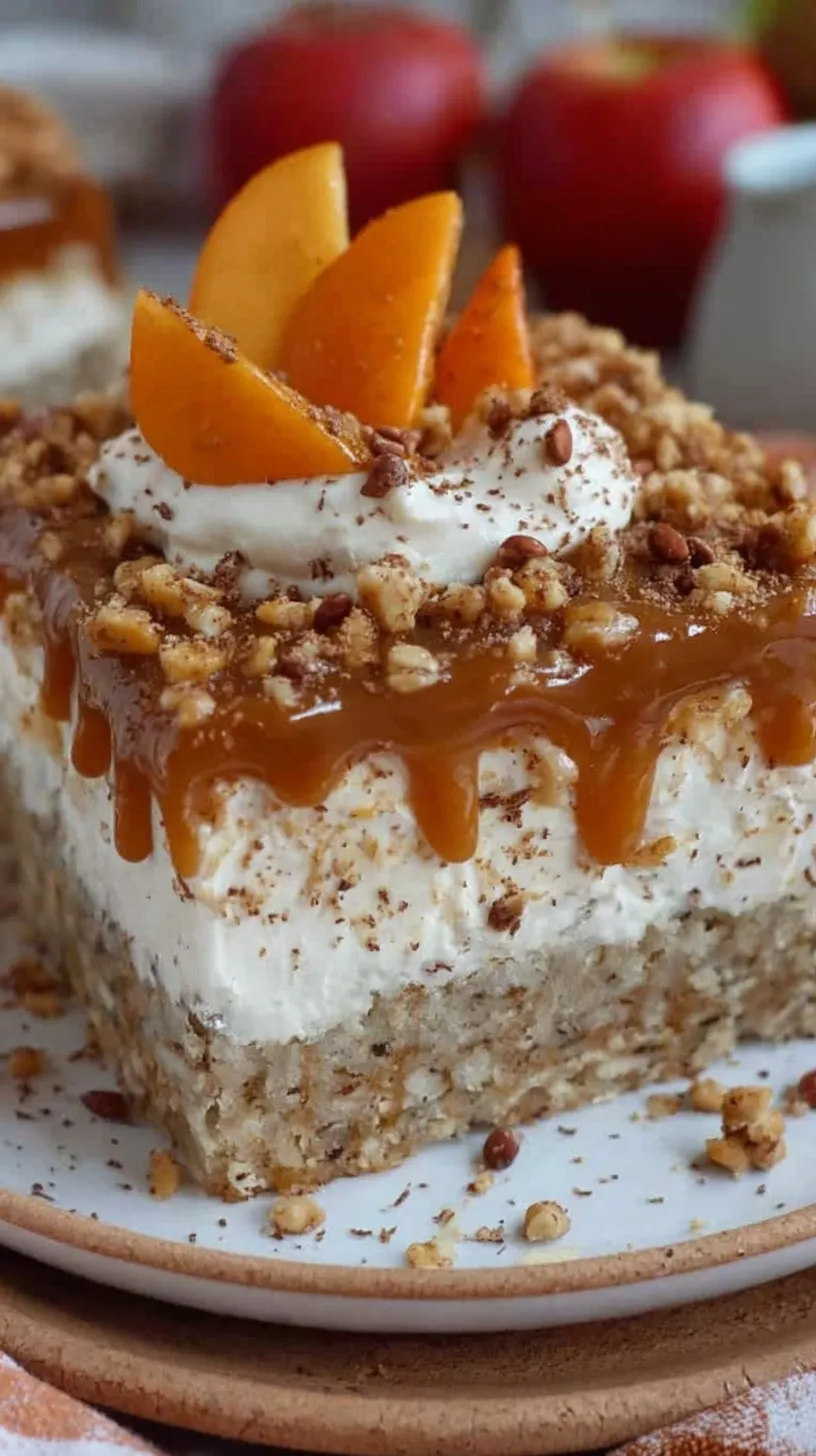 A golden brown apple cake topped with crunchy pecans and a thick drizzle of salted caramel sauce.