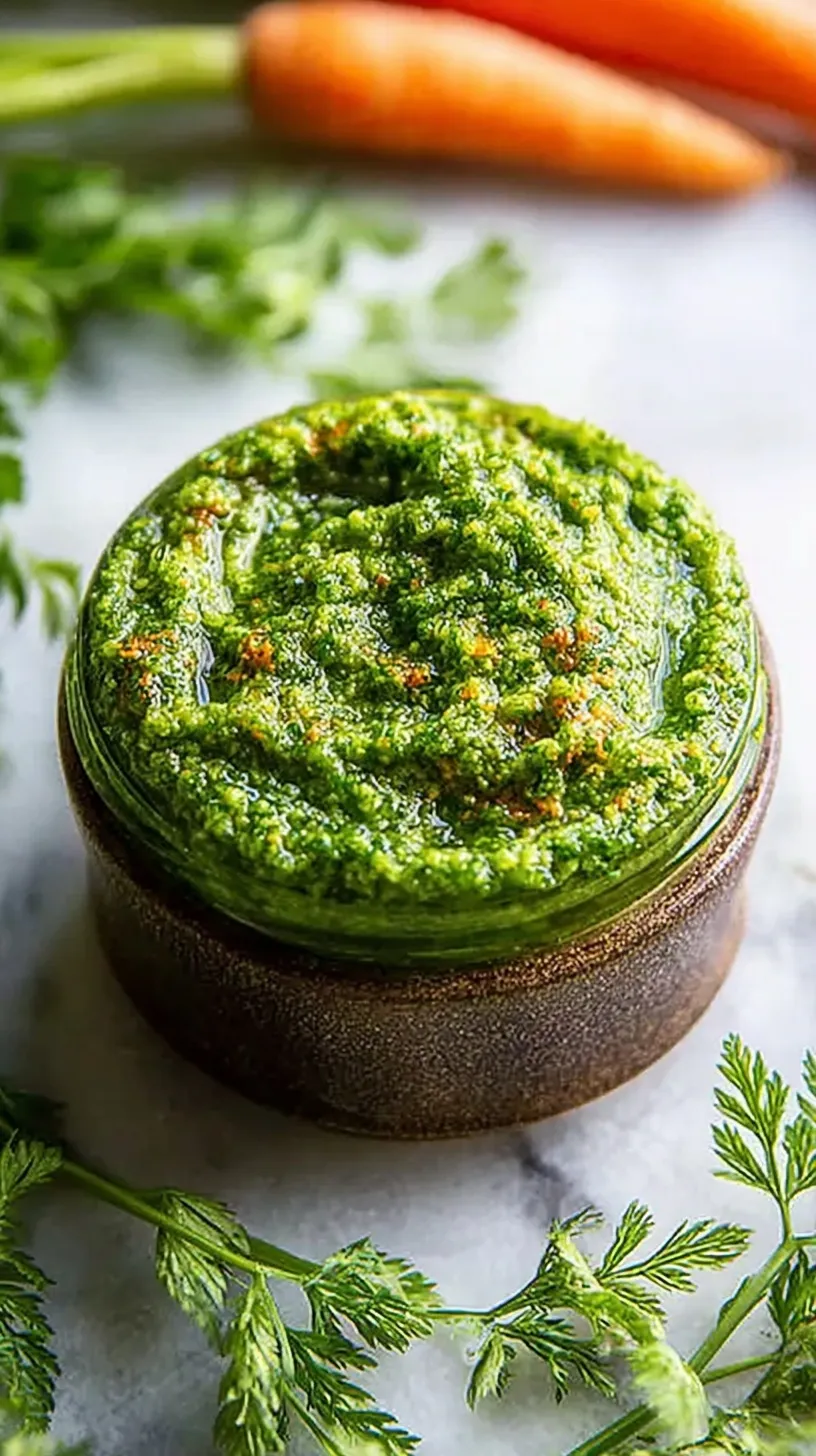 A bowl of vibrant green carrot top pesto next to a bunch of fresh carrots with leafy greens.