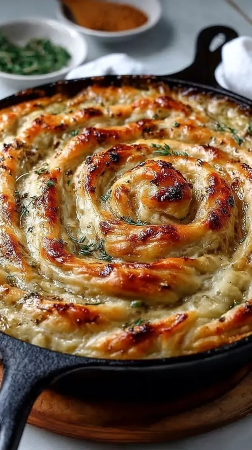 A golden brown puff pastry chicken pot pie served in a black cast iron skillet.