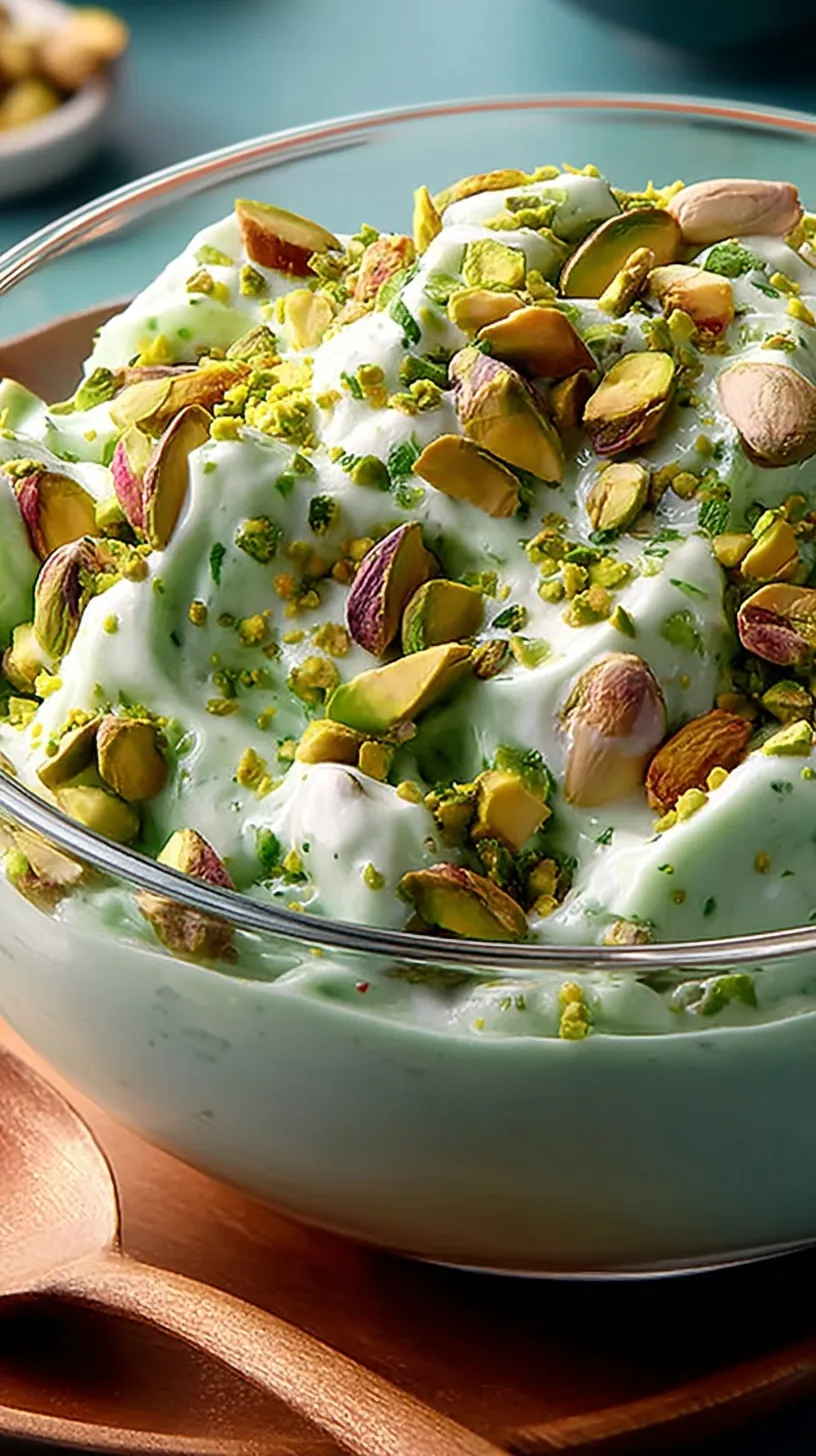 A bowl of fluffy green pistachio salad topped with marshmallows and cherries.